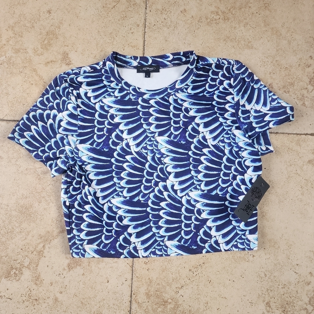 Ed Hardy Blue and White Pattern Crop Top